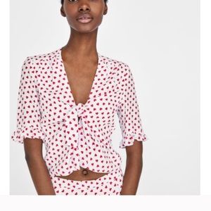 Zara Tie Front Heart Print Blouse